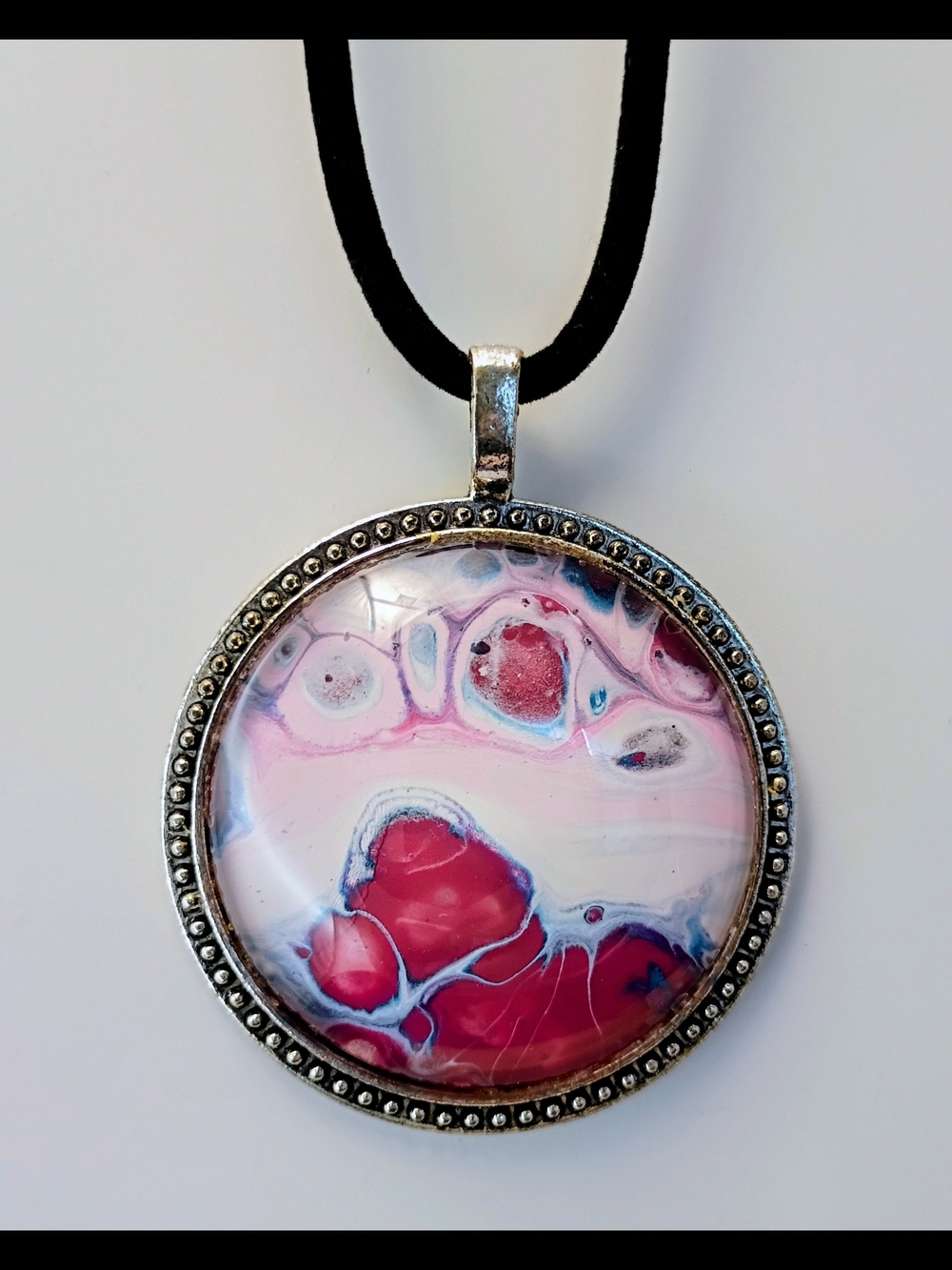 Hand Painted Pink Magenta Pendant Necklace Behind Glass w/ Velvet Choker Cord